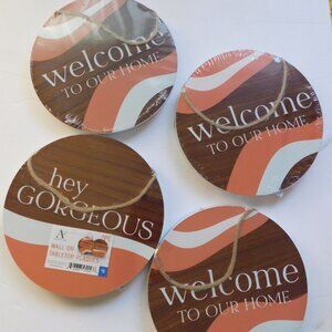 Amber & Olive Wall Or Tabletop Plaques ~Welcome ~ Hey Gorgeous~ 4 2pc Wooden NEW